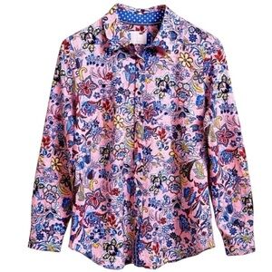 Talbots Pink Floral Paisley Cotton Button Down Shirt Size Large Blouse